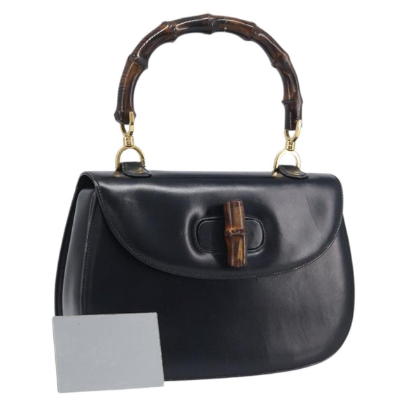 GUCCI Bamboo Hand Bag Leather Black Gold 99 00 0633 Auth 199588V