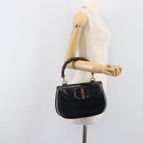 GUCCI Bamboo Hand Bag Leather Black Gold 99 00 0633 Auth 199588V