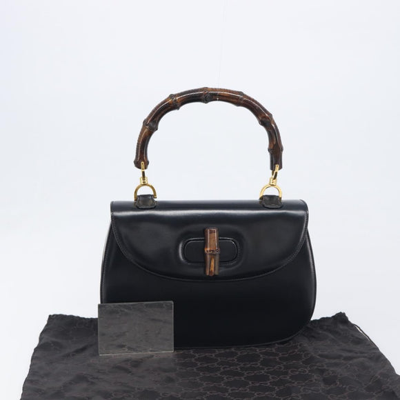 GUCCI Bamboo Hand Bag Leather Black Gold 99 00 0633 Auth 199588V