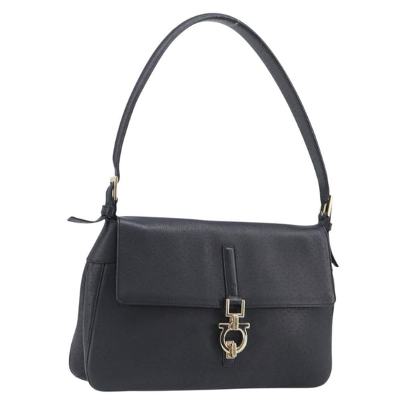 Salvatore Ferragamo Gancini Shoulder Bag Leather Black Gold Auth 199594
