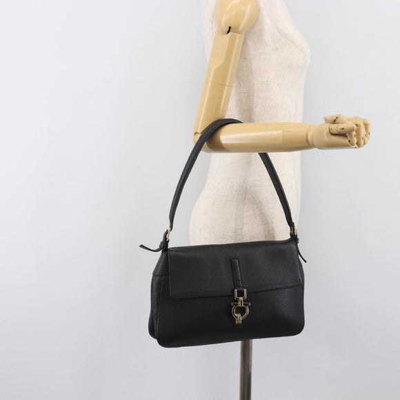 Salvatore Ferragamo Gancini Shoulder Bag Leather Black Gold Auth 199594