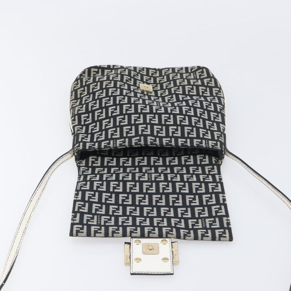 FENDI Zucchino Canvas Mamma Baguette Shoulder Bag Black Gold Auth 199623V