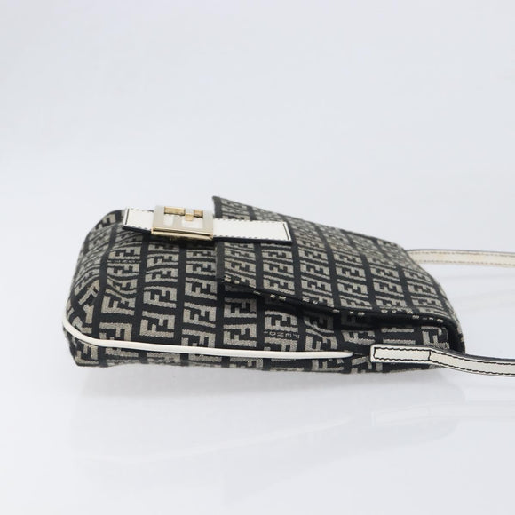 FENDI Zucchino Canvas Mamma Baguette Shoulder Bag Black Gold Auth 199623V
