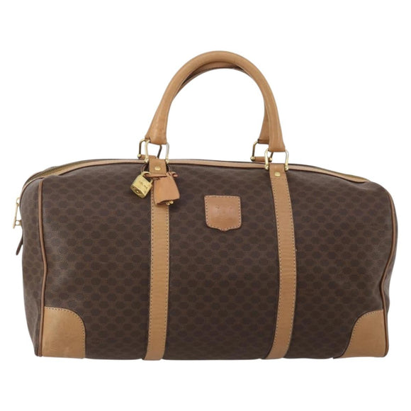 CELINE Macadam Canvas Boston Bag PVC Leather Brown Gold Auth 199626