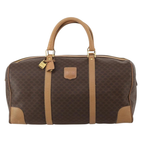 CELINE Macadam Canvas Boston Bag PVC Leather Brown Gold Auth 199626