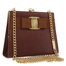 Salvatore Ferragamo Vala Chain Shoulder Bag Leather Brown Gold Auth 199629A-1
