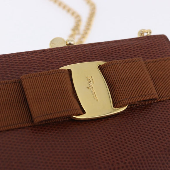 Salvatore Ferragamo Vala Chain Shoulder Bag Leather Brown Gold Auth 199629A