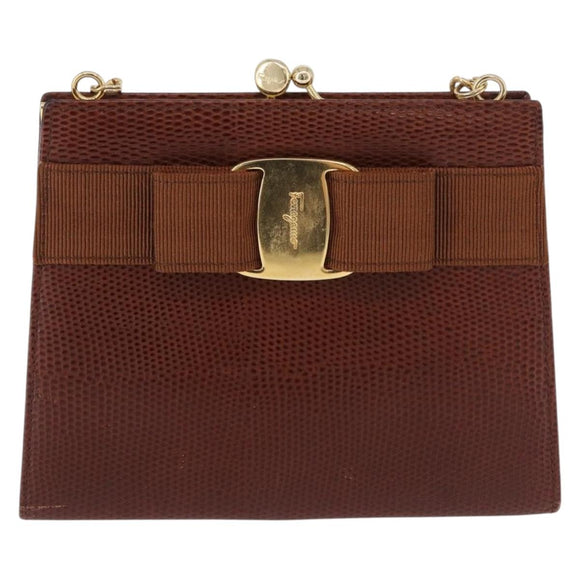 Salvatore Ferragamo Vala Chain Shoulder Bag Leather Brown Gold Auth 199629A