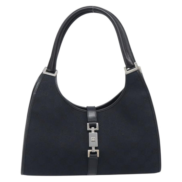 GUCCI GG Canvas Jackie Hand Bag Black Silver 002 1067 Auth 199636V