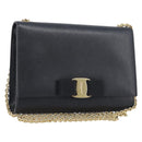 Salvatore Ferragamo Vala Chain Shoulder Bag Leather Black Gold Auth 199639V-1