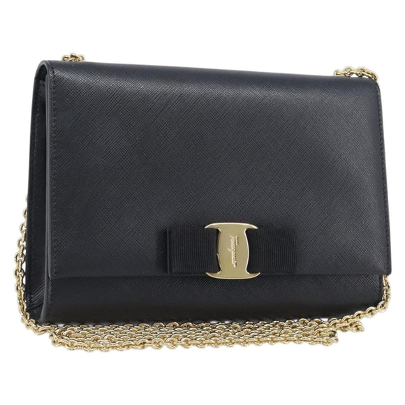 Salvatore Ferragamo Vala Chain Shoulder Bag Leather Black Gold Auth 199639V