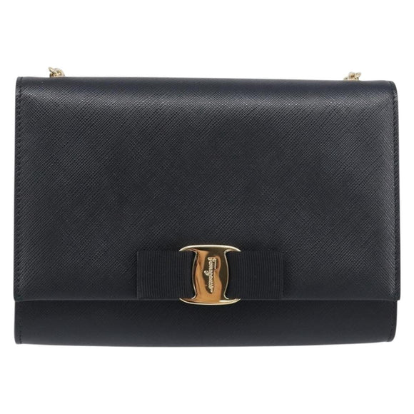 Salvatore Ferragamo Vala Chain Shoulder Bag Leather Black Gold Auth 199639V