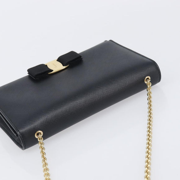 Salvatore Ferragamo Vala Chain Shoulder Bag Leather Black Gold Auth 199639V