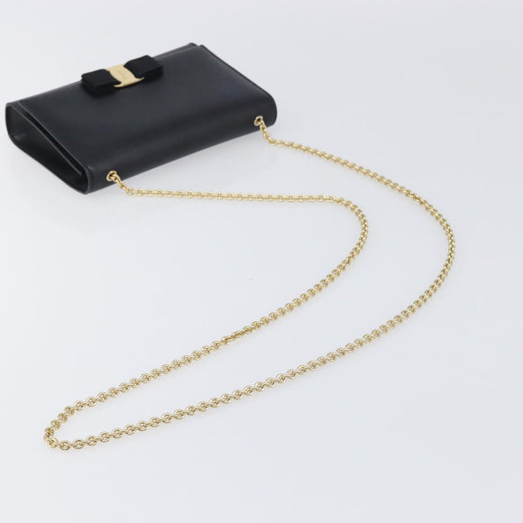 Salvatore Ferragamo Vala Chain Shoulder Bag Leather Black Gold Auth 199639V