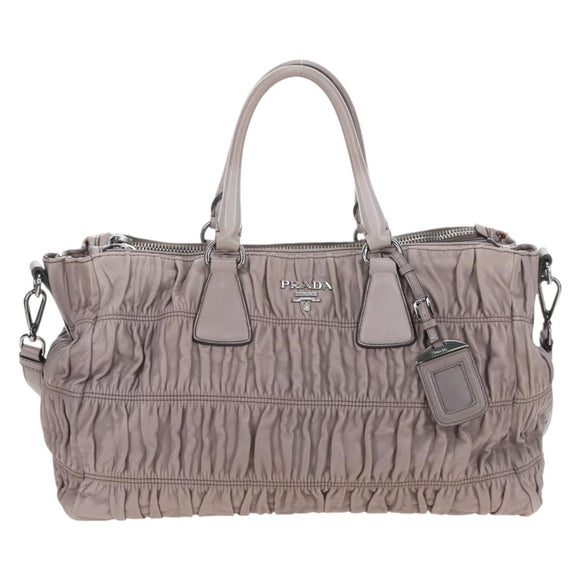 PRADA Gathered Hand Bag Leather 2way Gray Silver Auth 199643V