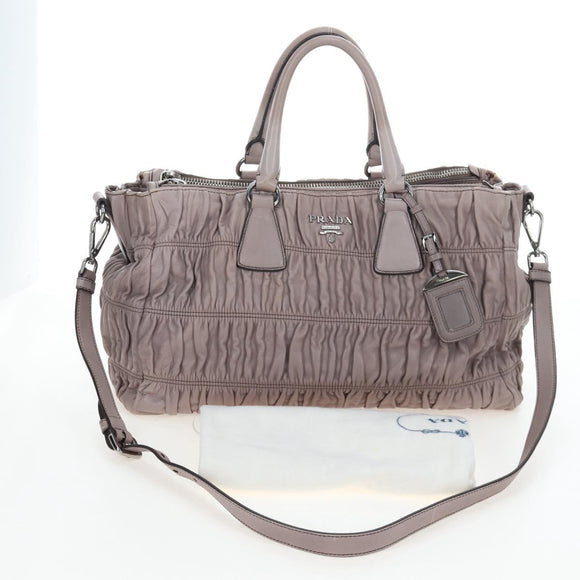 PRADA Gathered Hand Bag Leather 2way Gray Silver Auth 199643V