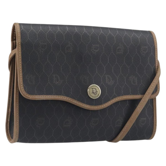 Christian Dior Honeycomb Canvas Shoulder Bag PVC Black Gold Auth 199648