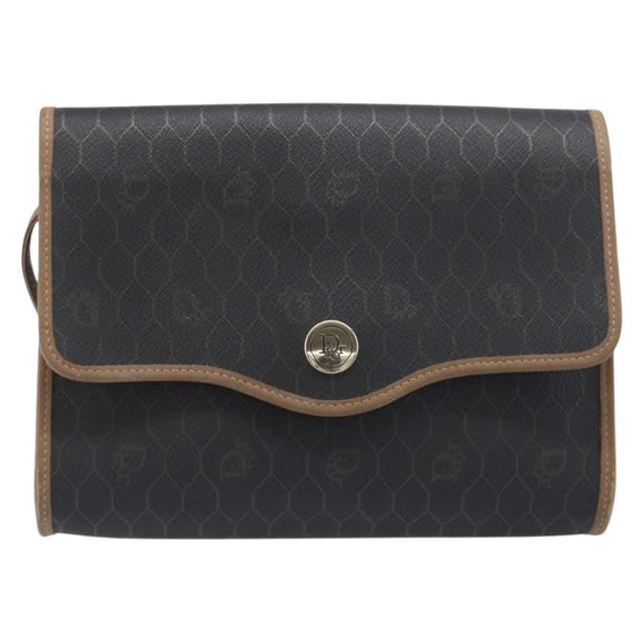 Christian Dior Honeycomb Canvas Shoulder Bag PVC Black Gold Auth 199648