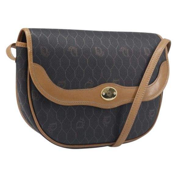 Christian Dior Honeycomb Canvas Shoulder Bag PVC Black Gold Auth 199651
