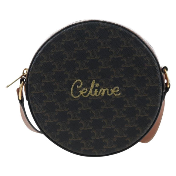 CELINE Triomphe Round Purse Shoulder Bag PVC Black Gold Auth 199654M