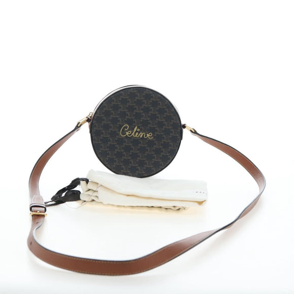 CELINE Triomphe Round Purse Shoulder Bag PVC Black Gold Auth 199654M
