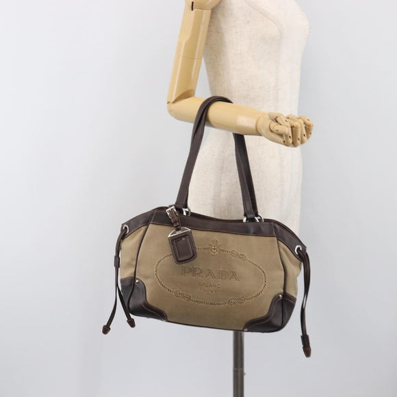 PRADA Tote Bag Canvas Jacquard Beige Silver Auth 199661V