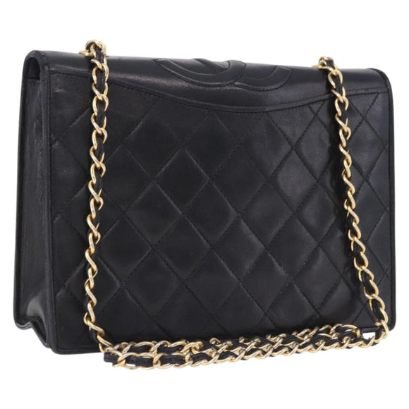 CHANEL Matelasse Chain Shoulder Bag Lamb Skin Black Gold CC Auth 199673V