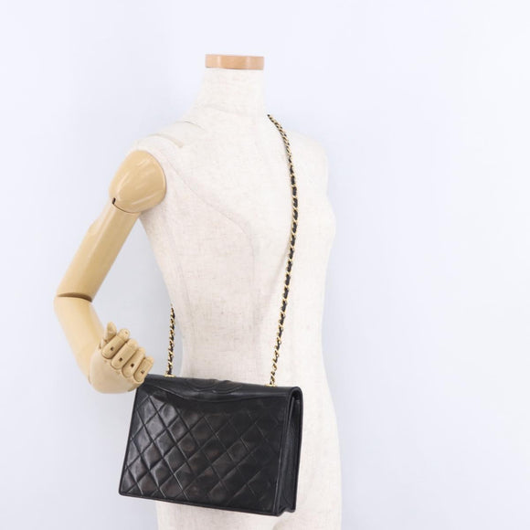 CHANEL Matelasse Chain Shoulder Bag Lamb Skin Black Gold CC Auth 199673V