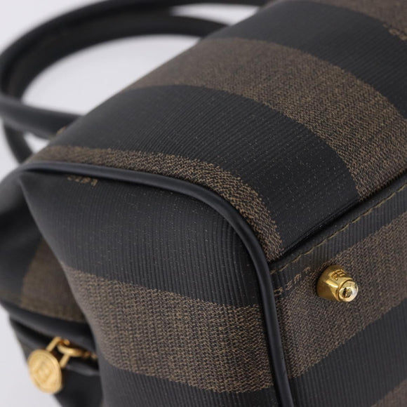 FENDI Pecan Canvas Boston Bag PVC Black Brown gold Auth 199677V