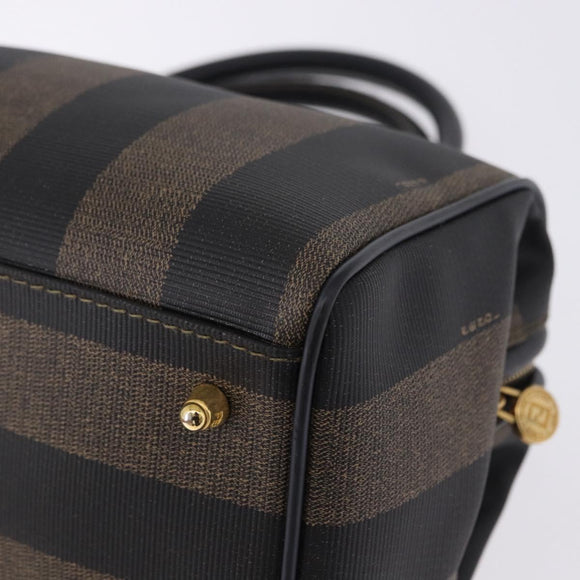 FENDI Pecan Canvas Boston Bag PVC Black Brown gold Auth 199677V