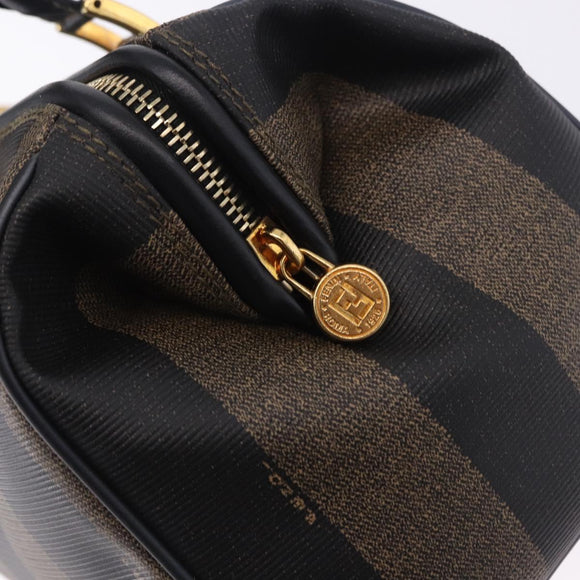 FENDI Pecan Canvas Boston Bag PVC Black Brown gold Auth 199677V