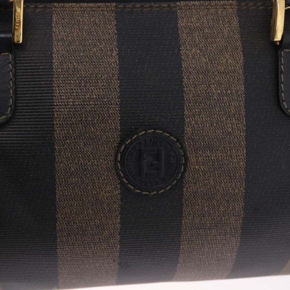 FENDI Pecan Canvas Boston Bag PVC Black Brown gold Auth 199677V