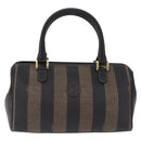 FENDI Pecan Canvas Boston Bag PVC Black Brown gold Auth 199677V-2