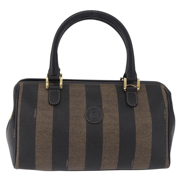 FENDI Pecan Canvas Boston Bag PVC Black Brown gold Auth 199677V