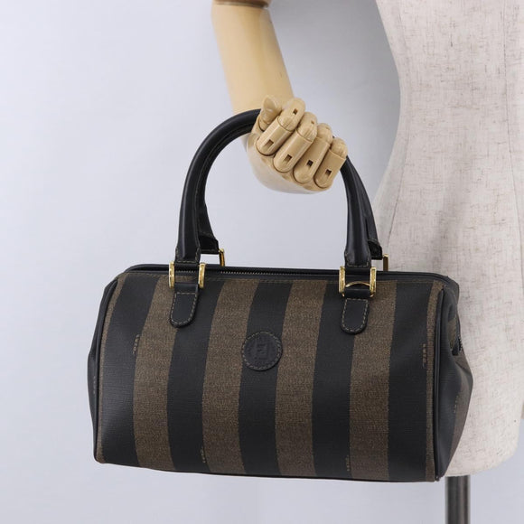 FENDI Pecan Canvas Boston Bag PVC Black Brown gold Auth 199677V