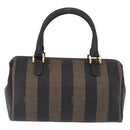 FENDI Pecan Canvas Boston Bag PVC Black Brown gold Auth 199677V-3
