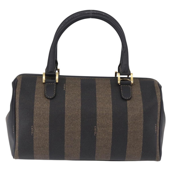 FENDI Pecan Canvas Boston Bag PVC Black Brown gold Auth 199677V