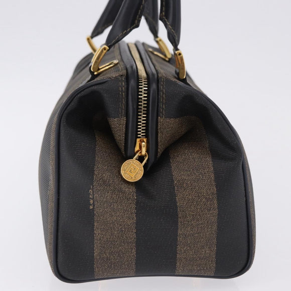 FENDI Pecan Canvas Boston Bag PVC Black Brown gold Auth 199677V