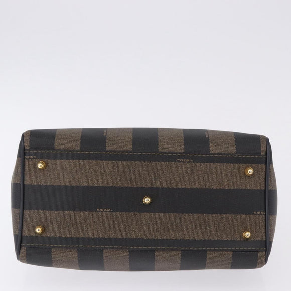 FENDI Pecan Canvas Boston Bag PVC Black Brown gold Auth 199677V