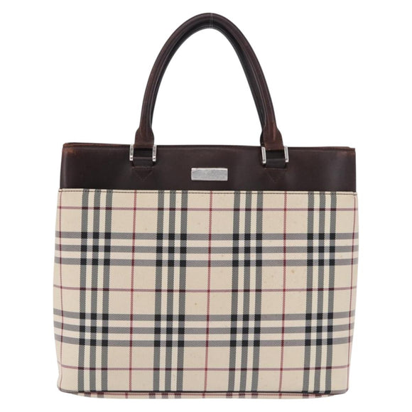 BURBERRY Nova Check Hand Bag Canvas Beige Silver Auth 199684