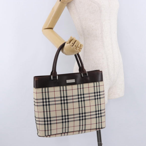 BURBERRY Nova Check Hand Bag Canvas Beige Silver Auth 199684