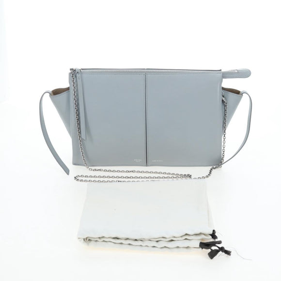 CELINE Chain Trillodo Shoulder Bag Leather Light Blue Silver Auth 199685V