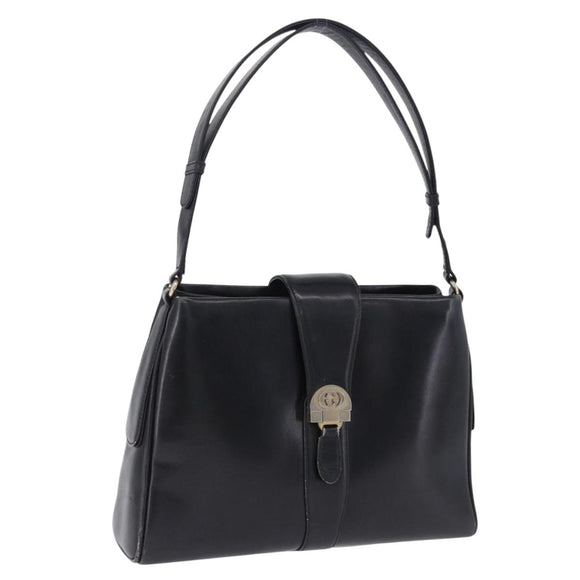 GUCCI Shoulder Bag Leather Black Gold Auth 199689