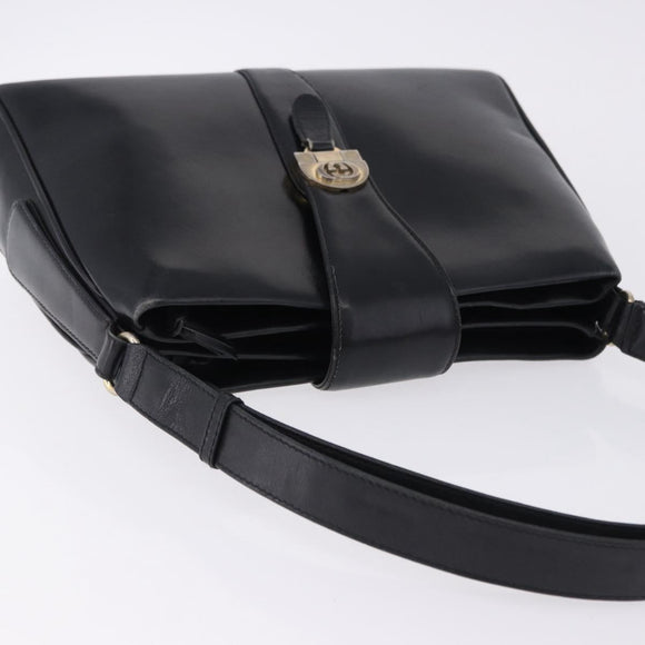 GUCCI Shoulder Bag Leather Black Gold Auth 199689