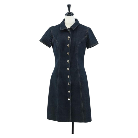 CHANEL One Piece Denim Blue Silver CC Auth 199698M