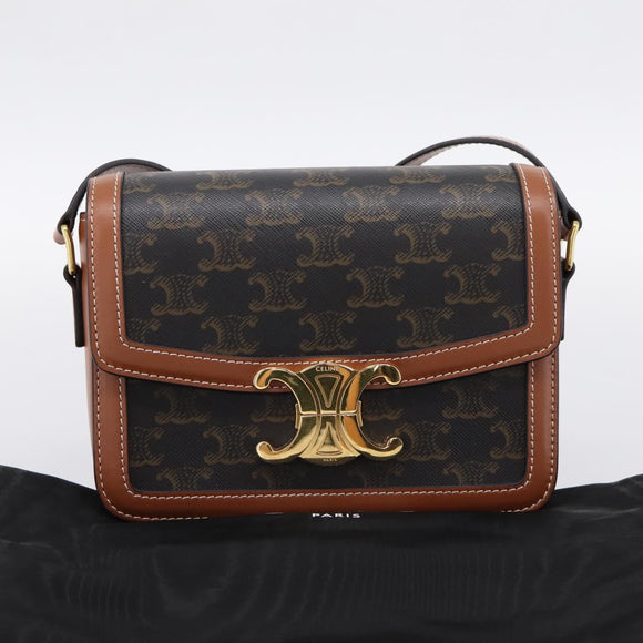 CELINE Triomphe Shoulder Bag PVC Leather Brown Gold Tone Auth 199806SM