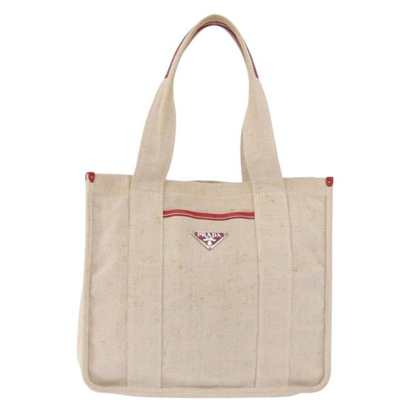 PRADA Tote Bag Canvas Beige Red Auth 199809