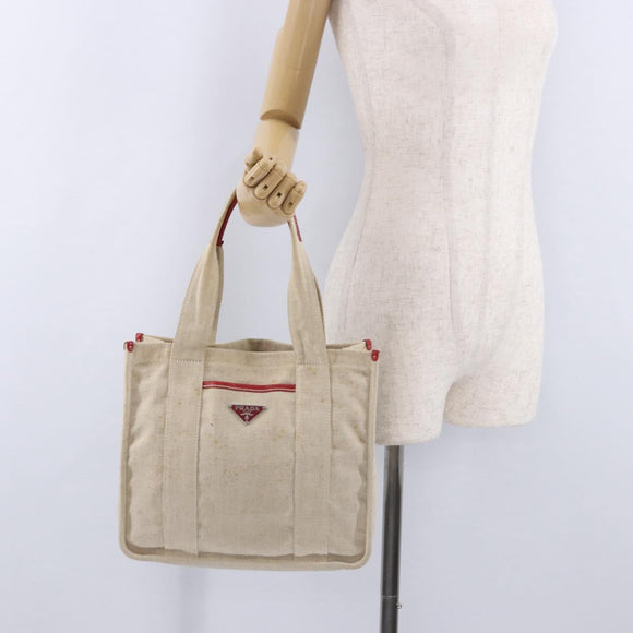 PRADA Tote Bag Canvas Beige Red Auth 199809