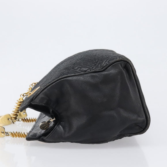 FENDI Macaroni Hand Bag Leather Black Gold Auth 199827