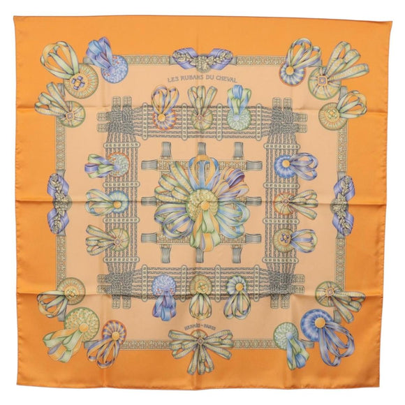 HERMES Carre 90 Scarf Silk ""LES RUBANS DU CHEVAL"" Orange Auth 199852M